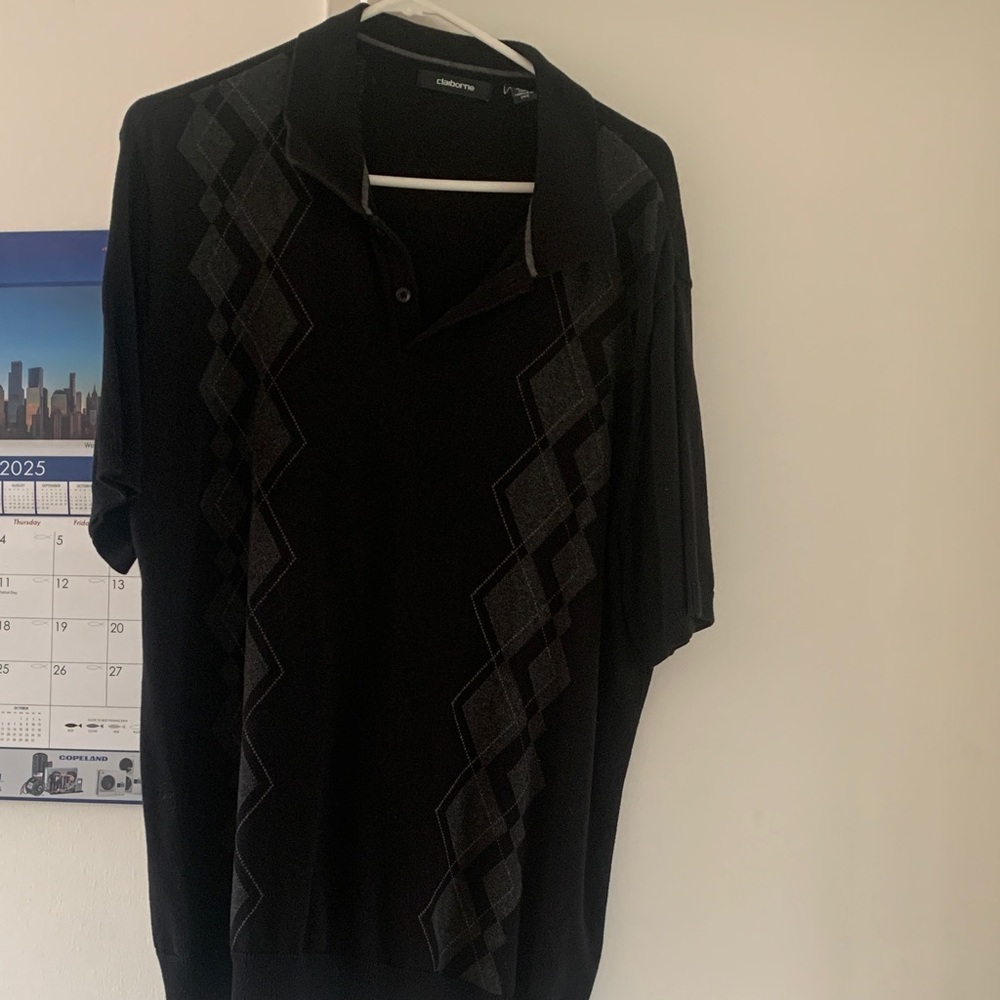 Claiborne Black Polo with Geometric Gray Design